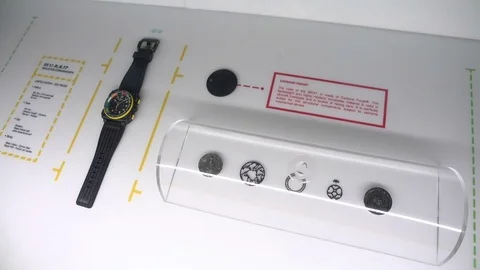 Technological chronograph exhibited at Bell and Ross booth at Baselworld. Stock Footage 82001967