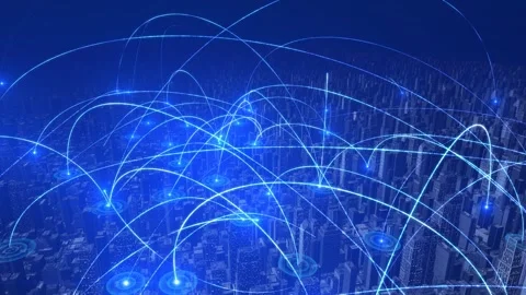 Technological city and 5g network signal transmission network Stock Footage 307159148
