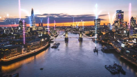 Technological city of London, with rays and Icons - 3d hyperlapse Stock Footage 164426520