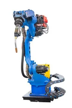 Technological concept featuring robotic arm on white background, showcasing.. 库存照片