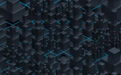 Technological cubes with black background, 3d rendering. Stock Illustration