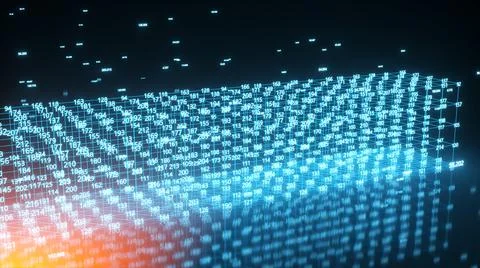 Technological cubes from computer code are connected in space. Data transmission Stock Illustration