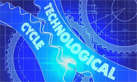 Technological Cycle on the Cogwheels. Blueprint Style Stock Illustration