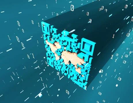 Technological data QR code and world map, data identification Stock Illustration