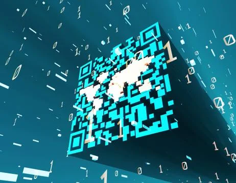 Technological data QR code and world map, data identification Stock Illustration