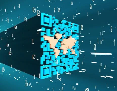 Technological data QR code and world map, data identification Stock Illustration