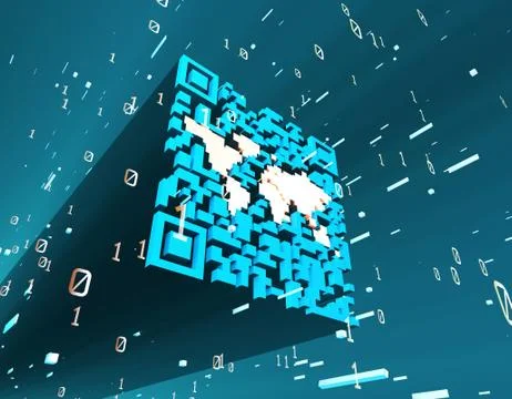 Technological data QR code and world map, data identification Stock Illustration
