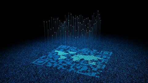 Technological data QR code and world map, data identification Stock Illustration