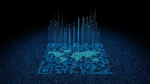 Technological data QR code and world map, data identification Stock Illustration