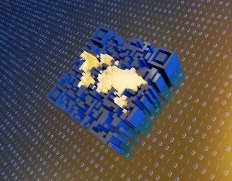 Technological data QR code and world map, data identification Stock Illustration