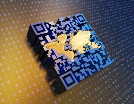 Technological data QR code and world map, data identification Stock Illustration