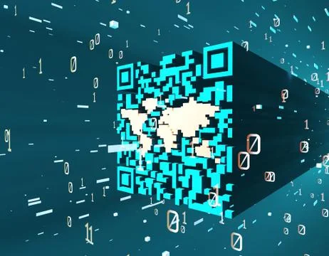 Technological data QR code and world map, data identification Stock Illustration