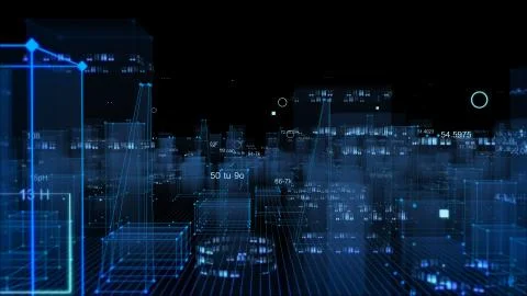 Technological digital background consisting of a futuristic city with data Stock Photos
