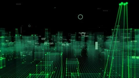 Technological digital background consisting of a futuristic city with data Stock Photos
