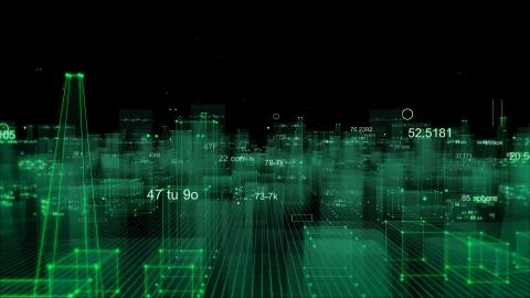 Technological digital background consisting of a futuristic city with data Stock Photos