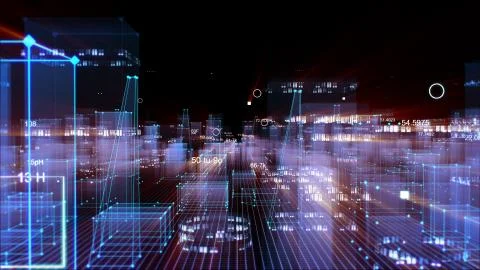 Technological digital background consisting of a futuristic city with data Stock Photos