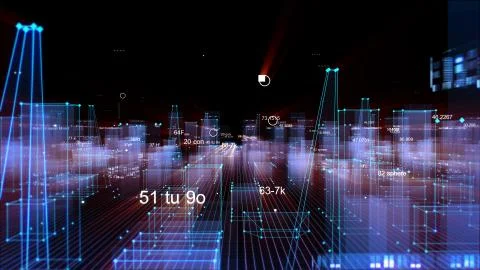 Technological digital background consisting of a futuristic city with data Stockfoto's