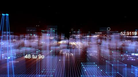 Technological digital background consisting of a futuristic city with data Stockfoto's