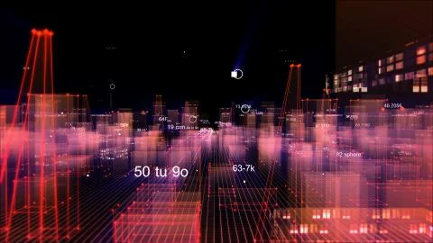 Technological digital background consisting of a futuristic city with data Stockfoto's