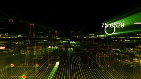 Technological digital background consisting of a futuristic city with data Stockfoto's