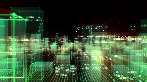 Technological digital background consisting of a futuristic city with data Stock Photos