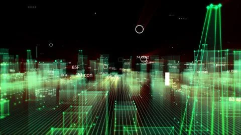 Technological digital background consisting of a futuristic city with data Stockfoto's