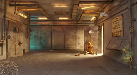 Technological disaster corridor of bunker secret laboratory Stock Photos