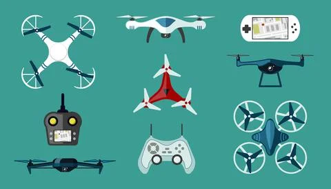 Technological drones set. Modern wireless quadcopters with red coloring white Stock Illustration