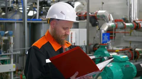 Technological engineer in a white helmet makes entries in the journal during the Foto stock