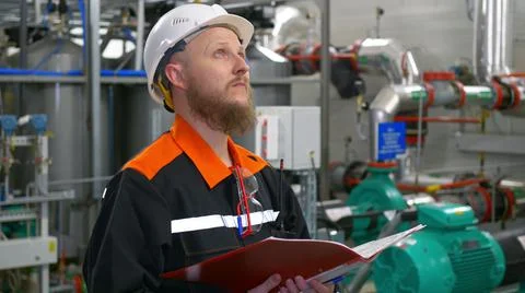 Technological engineer in a white helmet makes entries in the journal during the Foto stock