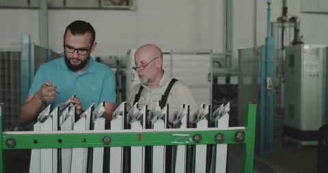 Technological engineers measure the plastic window frame at the factory Stock Footage 130214599