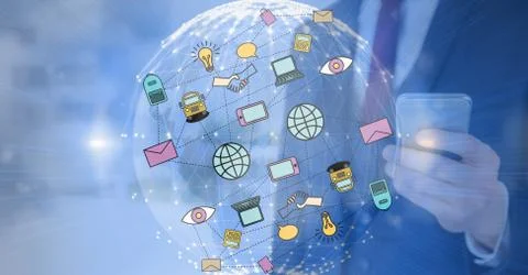 Technological graphic with 3D earth and man with mobile background Stock Illustration
