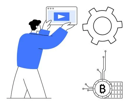 Technological Guide Man Holding Tablet, Gear, and Bitcoin Symbol Highlighti.. Stock Illustration