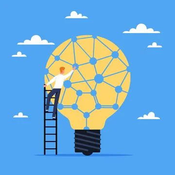 Technological ideas. Creating technologies, man on stairs and big light bulb Stock Illustration