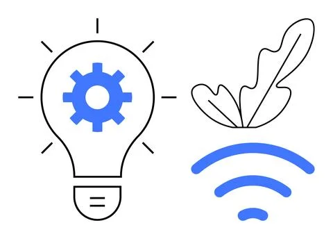 Technological Innovation and Sustainability Light Bulb, Gear, Leaf, and wir.. Stock Illustration