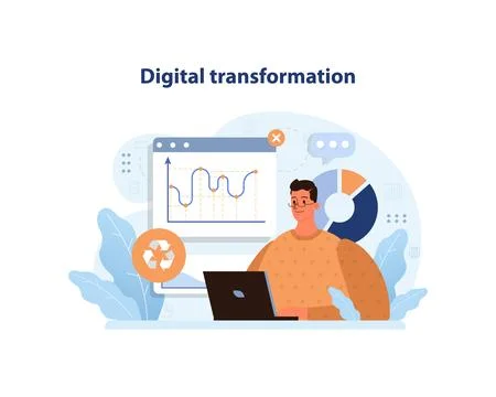 Technological innovations. Digital progress, digitalization and computerization. Stock Illustration