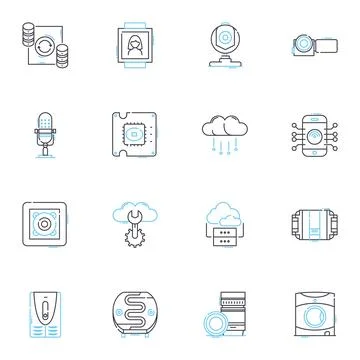 Technological instruments linear icons set. Gadgets, Robotics, Drs, Wearables Illustrazione stock