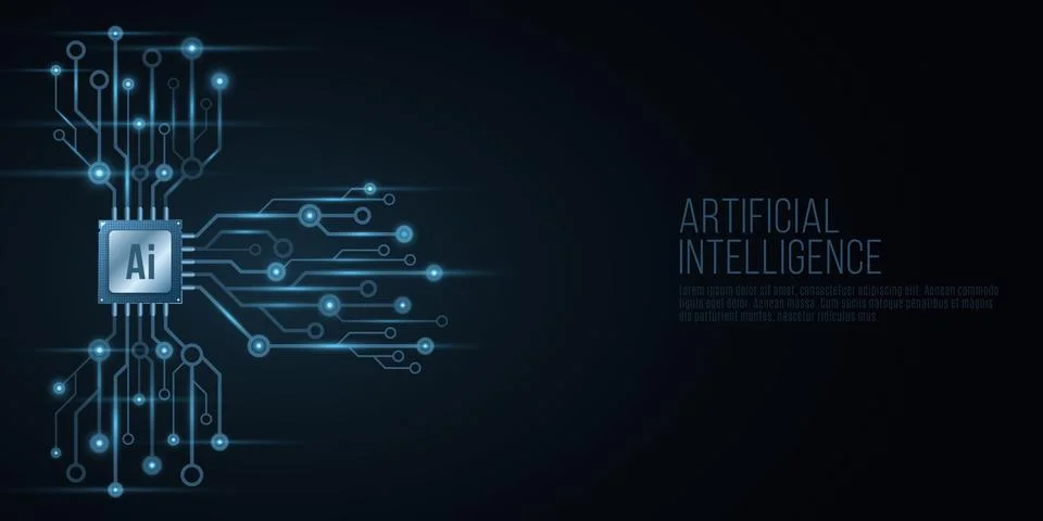 Technological luminous computer circuit board with processor. Artificial inte 库存插图