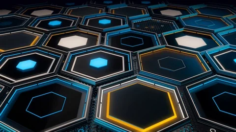 Technological pattern with many geometric hexagon frames of blue and yellow Stock Footage 127894823