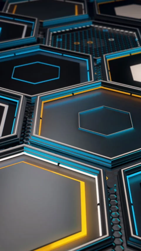 Technological pattern with many geometric hexagon frames of blue and yellow Stock Footage 285717751