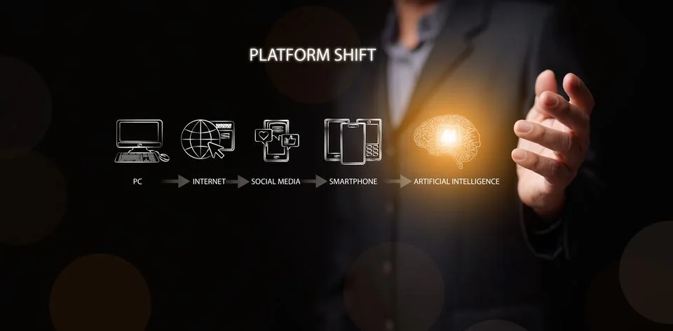 Technological platform shift concept. Businessman with a glowing AI brain i.. Stock Photos
