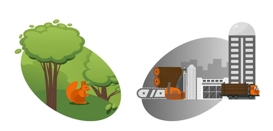 Technological process, deforestation and processing of forest, destruction Stock Illustration