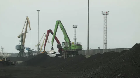 Technological processes of fuel industry. Works with coal transfer in seaport Stock Footage 205237410