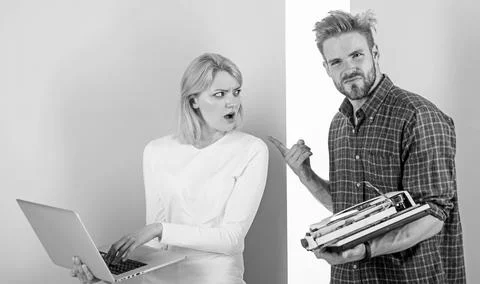 Technological progress benefits. Take advantage technologies development. Woman Foto stock