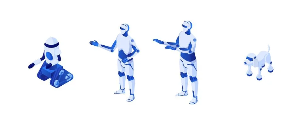 Technological robots future isometry. Robotic illustration humanoid white cyborg Stock Illustration