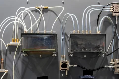 Technological setup featuring transparent enclosures connected by white fle.. Stock Photos