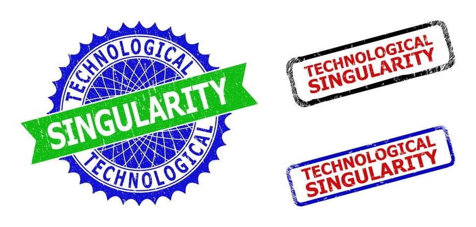 TECHNOLOGICAL SINGULARITY Rosette and Rectangle Bicolor Stamp Seals with Uncl Stock Illustration