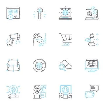 Technological teamwork linear icons set. Collaboration, Synergy, Integration Stock Illustration