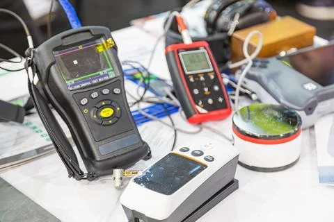 Technological testing instruments on table, variety of handheld devices for.. Stock Photos