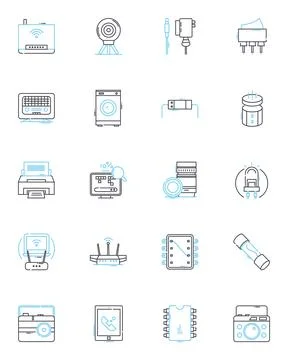 Technological tools linear icons set. Innovation, Gadgets, Cybersecurity Illustrazione stock